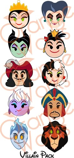 an image of the villain pack from disney's animated movie, which includes many different faces