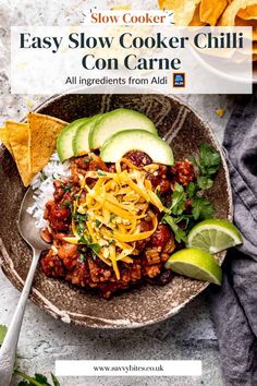 the cover of slow cooker chili con carne with avocado and cilantro