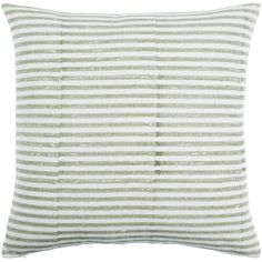 a green and white striped pillow on a white background