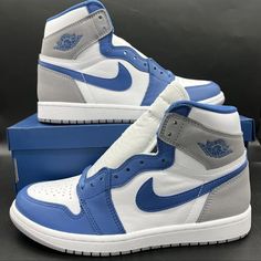 Nike Air Jordan 1 High True Blue White Cement Grey Dz5485-410 Size 8 - 13 Casual Shoes Women Sneakers, Nike Shoes Women Fashion, Nike Air Jordan 1 High, Pretty Sneakers, Nike Fashion Shoes, Blue Jordans, Jordan Shoes Retro, Pretty Shoes Sneakers, White Cement