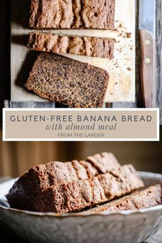 gluten - free banana bread in a bowl with text overlay that reads gluten - free banana bread