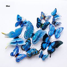 a group of blue butterflies sitting on top of a white table next to each other