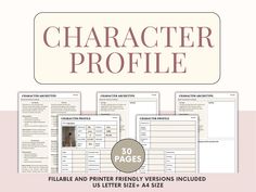 the character profile worksheet is shown in red and white, with text that reads character