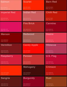 the color chart for different shades of red, pink and orange with names in each