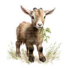 a baby goat eating some green leaves in its mouth