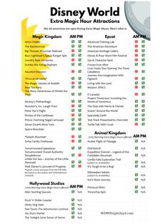 the disney world extra magic hour attractions list is shown in yellow and green, as well as other information about each attraction