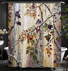 the shower curtain is decorated with colorful leaves and berries on it's sides, along with a white bath tub