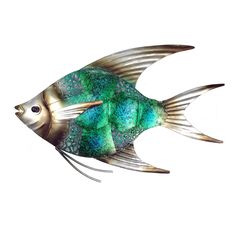 a blue and green fish on a white background