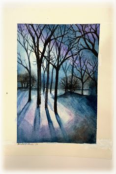 a watercolor painting of trees in the snow at night with purple and blue hues