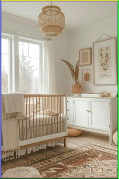 a baby's room with a crib, dresser and rug in the corner