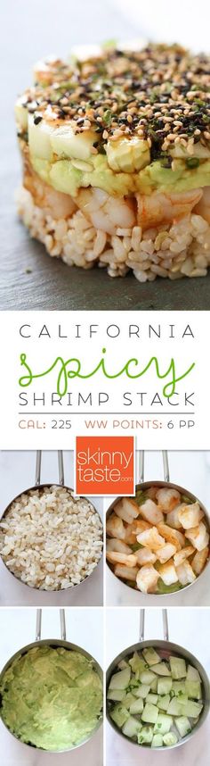 an advertisement for california shrimp and shrimp stack with pictures of different types of food on it