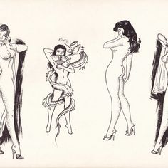 three drawings of women in different poses, one with her arm around the other's neck