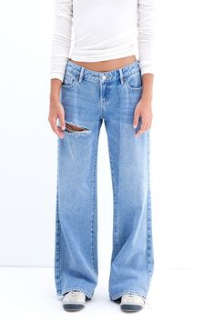 Medium Indigo Ripped Low Rise Girlfriend Jeans Low Rise Jeans Size 10, Pacsun Flare Jeans, Jeans Pacsun, Pacsun Outfits, Pacsun Eco Medium Blue Low Rise Baggy Jeans, Pacsun Jeans, Girlfriend Jeans, Low Rise Jeans, Low Rise