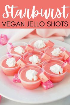 strawberry jello shots on a white plate with the words starburst vegan jello shots