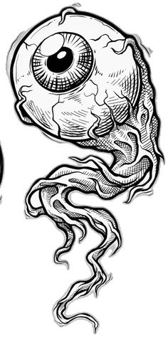 a drawing of an eyeball in the shape of a human head with long tentacles