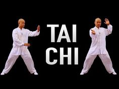 two men in white outfits are doing taichis with the words tai chi above them