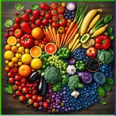 a large amount of fruits and vegetables are arranged in the shape of a sunburst