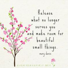 a pink flower with green leaves on it next to a quote from mary davis that says, release what no longer serves you and make room for beautiful small things