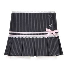 Pink Stripe Bow Skirt - S / Grey/pink - Skirt Black And Pink Crop Top, Pleated Skirt Aesthetic, Kawaii Bottoms, Kawaii Swimsuit, Skirt Aesthetic, Dark Academia Clothing, Bow Skirt, Cottagecore Fashion, Printed Pleated Skirt