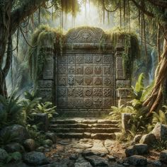 an artistic painting of a stone gate in the middle of a forest with moss growing on it