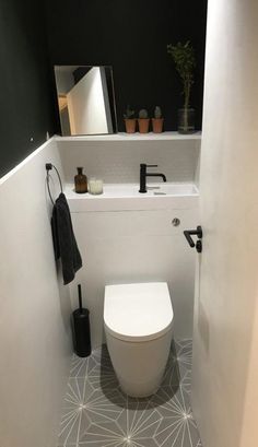 a white toilet sitting inside of a bathroom next to a mirror and plant on the wall