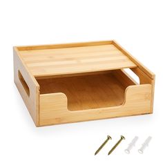 a bamboo drawer with screws and nails in it on a white background, next to the box