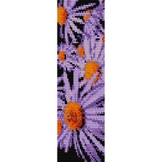 a cross stitch bookmark with purple and orange flowers on it, against a black background