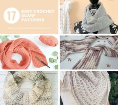 crochet scarves and shawls with text overlay that says 17 easy crochet scarf patterns