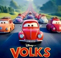 cars lined up in the middle of a road with characters from disney's cars