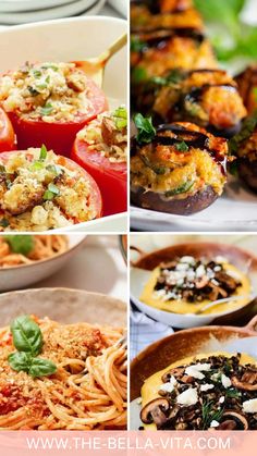 four different pictures of food including tomatoes, pasta and other foods