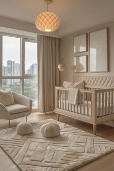 a baby's room with a crib, rocking chair and large window overlooking the city