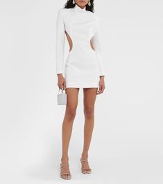 Crepe Mini Dress in White - Monot | Mytheresa High Neck Dress With Back Opening For Cocktail, High Neck Cocktail Dress With Back Opening, White Mini Dress With Back Zipper For Cocktail, Elegant High Neck Mini Dress With Back Zipper, White Mini Dress With Back Zipper, Structured Mini Dress For Party, Spring Mini Dress With Structured Boning, White Mini Dress With Cutout Back, Fitted Mini Dress With Keyhole Back For Evening