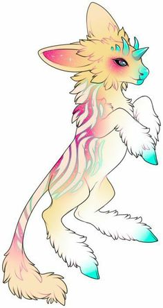 a drawing of a furry animal with pink, blue and yellow colors on it's body