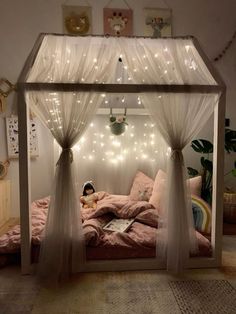 Canopy House Bed, Canopy Bed For Girls Room, Canopy Bed Ideas For Girls Kids, Girls Canopy Bed Ideas, Ophelia Bed, Bed Canopy With Lights, Canopy Nursery, Girls Canopy, Girls Bed Canopy