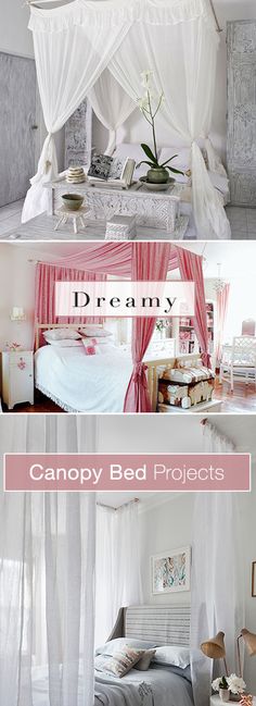 four different pictures of canopy beds with white curtains and pink drapes on the top