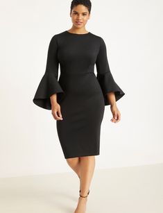 Flare Sleeve Scuba Dress | Women's Plus Size Dresses | ELOQUII Fall Wedding Guest Dress, Crewneck Style, Scuba Dress, Crewneck Dress, Classy Dress, Plus Size Dress, Flared Sleeves, Plus Size Dresses, Plus Size Outfits