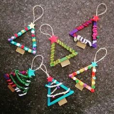 christmas tree ornaments made out of beads and string