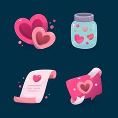 four hearts in jars and papers on a blue background