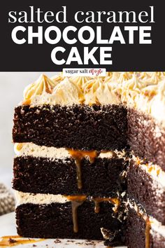 a chocolate cake with white frosting and caramel drizzled on top