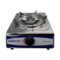 a silver and blue stove top with a burner on the front, sitting against a white background