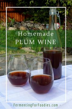 homemade plum wine in two glasses on a table with the words homemade plum wine above it