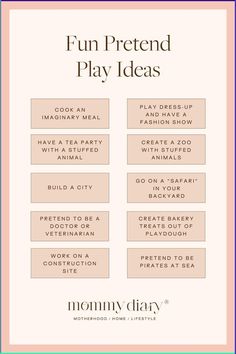 the fun pretend play ideas for mother's day is shown in pink and blue