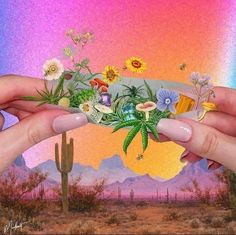 two hands holding up a fake flower arrangement in front of a desert landscape with cactus trees