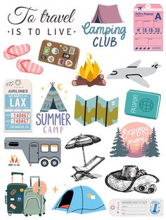 a poster with different types of camping related items and words that say to travel is to live