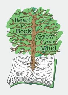 an open book with the words read a book, grow your mind on top of it