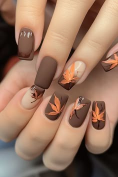 #nail #nails #aesthetic #nailart #butterflynails #butterfly #acrylic #acrylicnaildesigns #2024 #visionboard #inspo #idea #nailidea Nail Design With Leaves, Fall Nails Cute Design, November Toe Nails Designs, Leaf Fall Nails, Autumn Nails 2024 Trend, Nails Acrylic Winter Colors, Short Cute Fall Nails, Nov Nail Designs, Autumn Design Nails