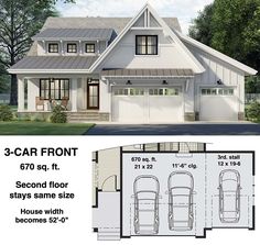 two story house plan with 3 car front garage and attached living room, from the floor plan