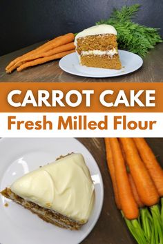 carrot cake with cream cheese frosting on a white plate next to fresh carrots