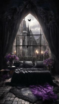 an image of a gothic bedroom setting with purple feathers on the bed and in the window