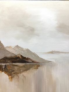 an abstract painting with mountains and water in the background